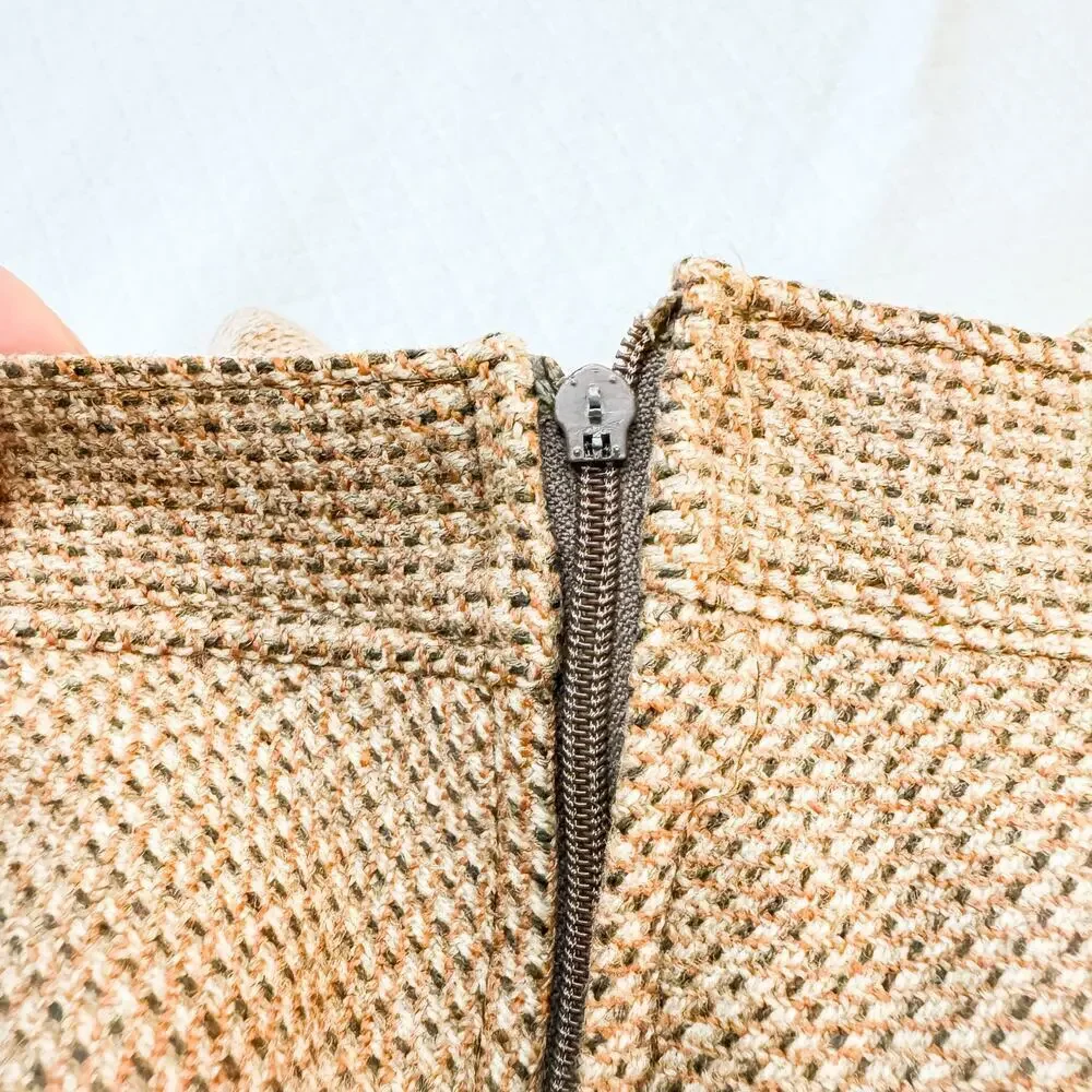 Bagatelle Houndstooth Woven Tweed Wool Skirt Brown/Orange SZ10